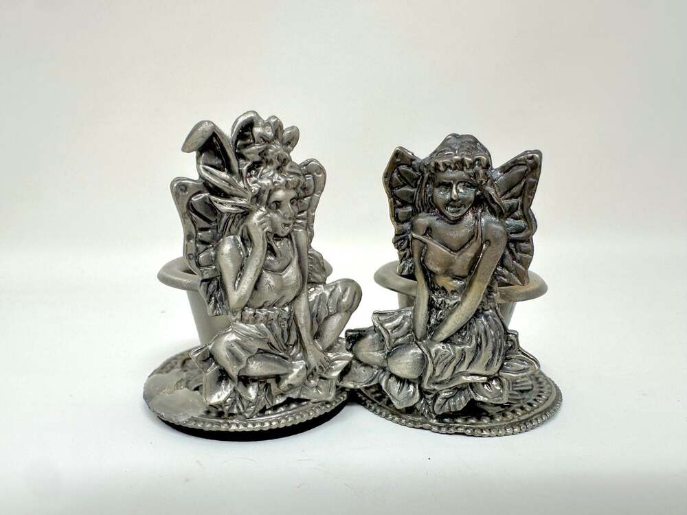 Pixie Fairies of the Woods Cast Pewter Vintage Candle Holders set of 2 fairycore